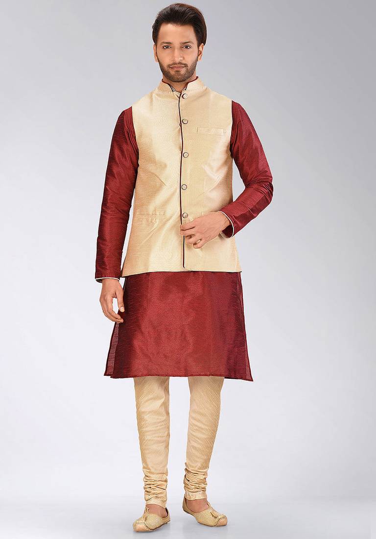 Fawn dupon art silk kurta, jacket with matching churidar