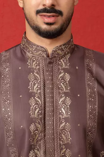 Cotton silk floral and zari embroidered mauve kurta with salwar