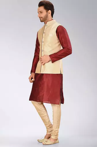 Fawn dupon art silk kurta, jacket with matching churidar
