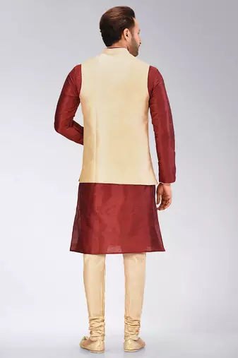 Fawn dupon art silk kurta, jacket with matching churidar