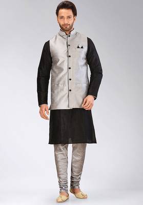 Grey dupon art silk kurta, jacket with matching churidar 1