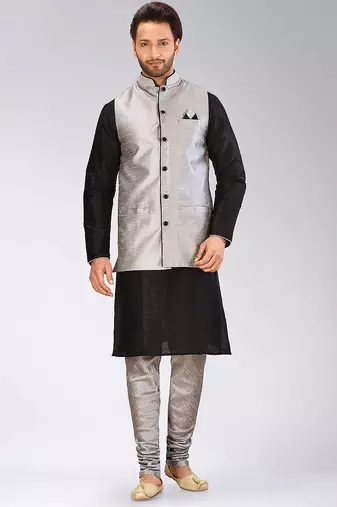 Grey dupon art silk kurta, jacket with matching churidar