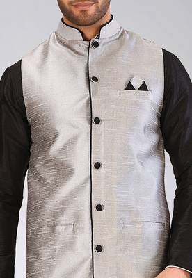 Grey dupon art silk kurta, jacket with matching churidar 2