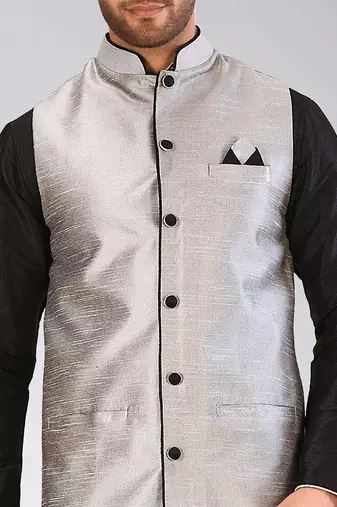 Grey dupon art silk kurta, jacket with matching churidar