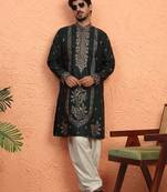 Cotton silk floral and zari embroidered green kurta with salwar