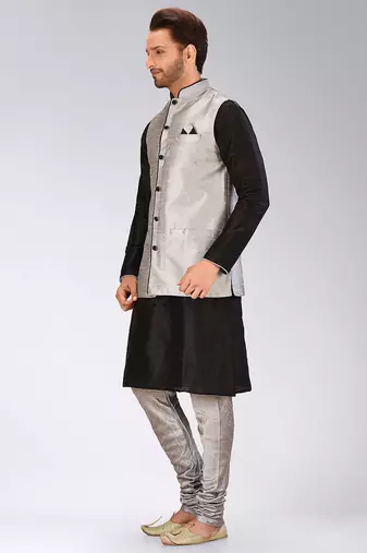 Grey dupon art silk kurta, jacket with matching churidar