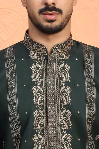 Cotton silk floral and zari embroidered green kurta with salwar