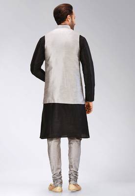 Grey dupon art silk kurta, jacket with matching churidar 4