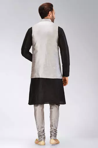 Grey dupon art silk kurta, jacket with matching churidar