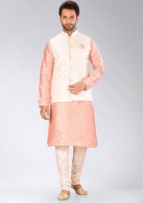 Cream dupon art silk kurta, jacket with matching churidar 1