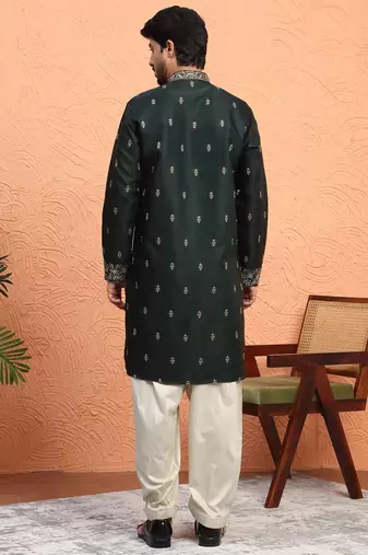 Cotton silk floral and zari embroidered green kurta with salwar
