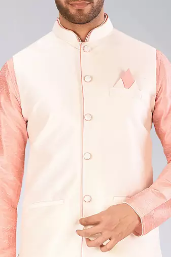 Cream dupon art silk kurta, jacket with matching churidar