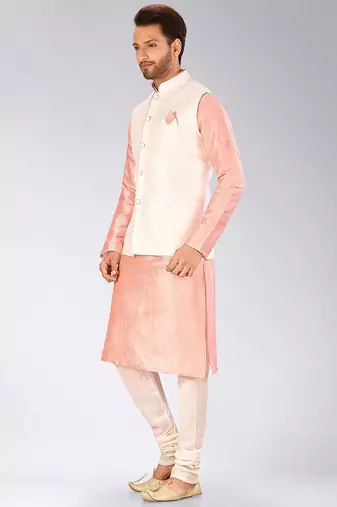 Cream dupon art silk kurta, jacket with matching churidar