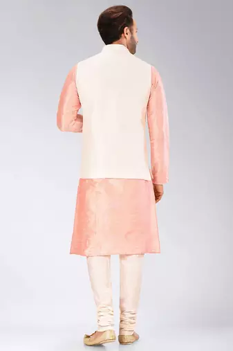 Cream dupon art silk kurta, jacket with matching churidar