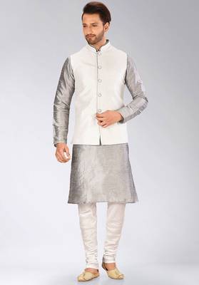 White dupon art silk kurta, jacket with matching churidar 1