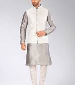 White dupon art silk kurta, jacket with matching churidar