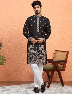 Cotton floral embroidered black kurta with trouser pant 1
