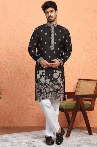 Cotton floral embroidered black kurta with trouser pant