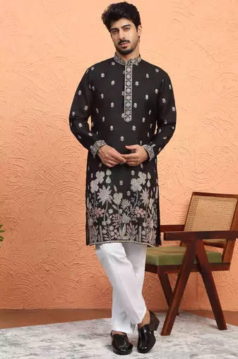 Cotton floral embroidered black kurta with trouser pant