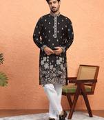 Cotton floral embroidered black kurta with trouser pant