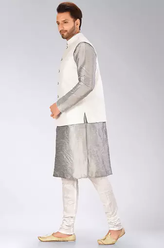 White dupon art silk kurta, jacket with matching churidar