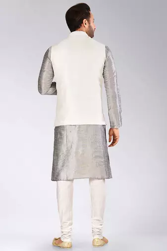 White dupon art silk kurta, jacket with matching churidar