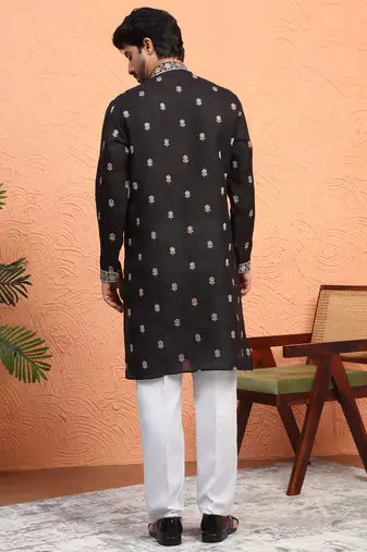 Cotton floral embroidered black kurta with trouser pant
