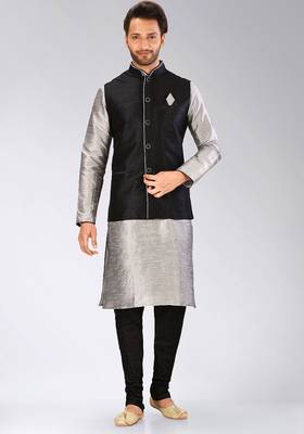 Black dupon art silk kurta, jacket with matching churidar 1