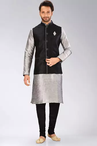 Black dupon art silk kurta, jacket with matching churidar