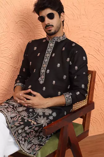 Cotton floral embroidered black kurta with trouser pant
