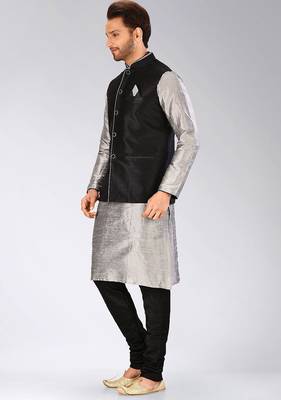 Black dupon art silk kurta, jacket with matching churidar 3