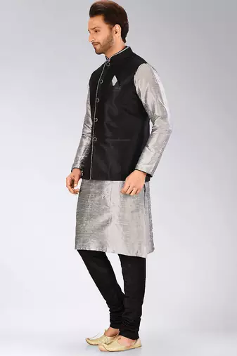 Black dupon art silk kurta, jacket with matching churidar
