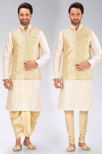 Cream dupon art silk kurta, jacket with matching dhoti and churidar