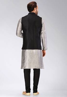 Black dupon art silk kurta, jacket with matching churidar 4