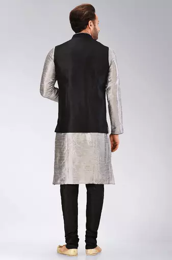 Black dupon art silk kurta, jacket with matching churidar
