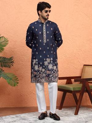 Cotton floral embroidered navy blue kurta with trouser pant 1