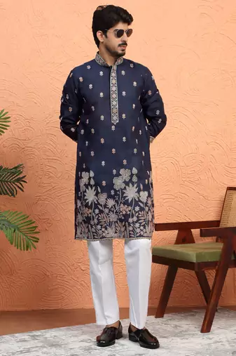 Cotton floral embroidered navy blue kurta with trouser pant