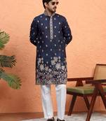 Cotton floral embroidered navy blue kurta with trouser pant