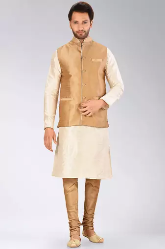 Mahroon dupon art silk kurta, jacket with matching churidar