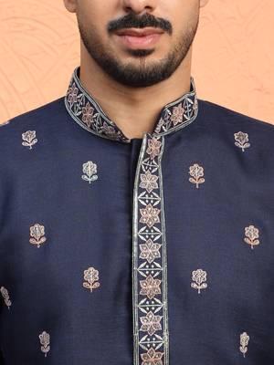 Cotton floral embroidered navy blue kurta with trouser pant 2