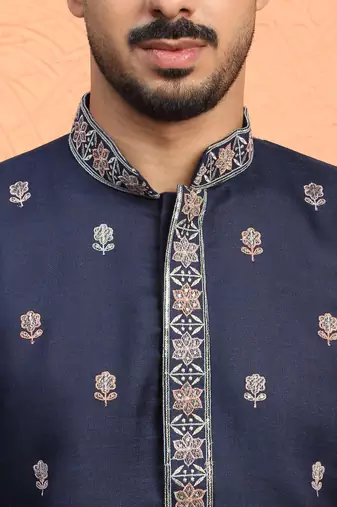 Cotton floral embroidered navy blue kurta with trouser pant