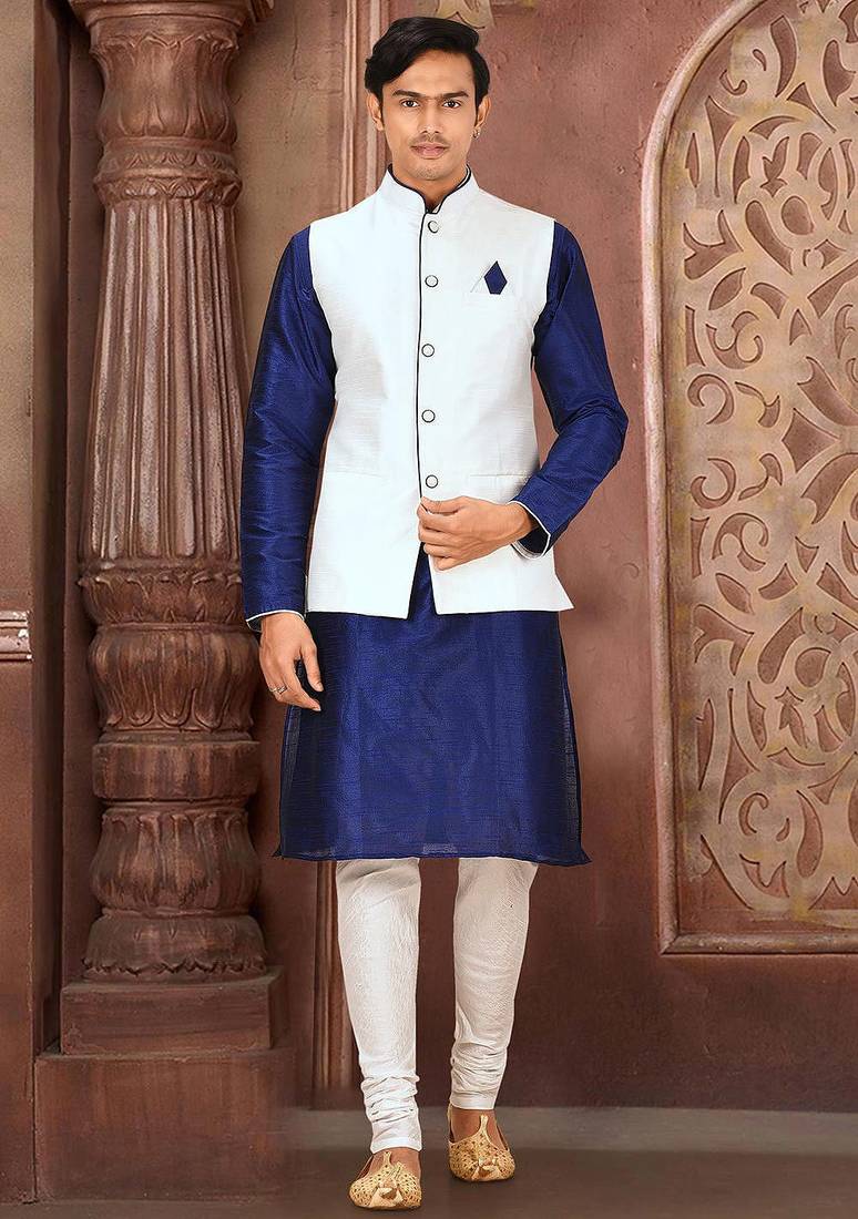 White dupon art silk kurta, jacket with matching churidar