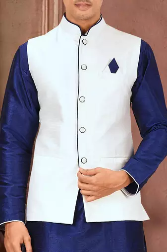 White dupon art silk kurta, jacket with matching churidar