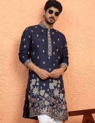 Cotton floral embroidered navy blue kurta with trouser pant 4