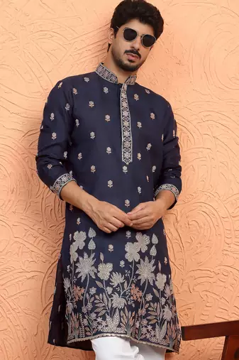 Cotton floral embroidered navy blue kurta with trouser pant
