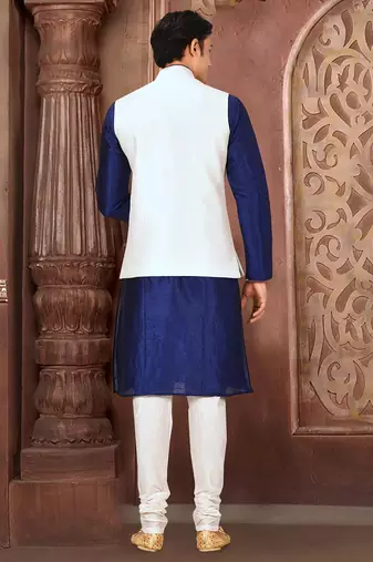 White dupon art silk kurta, jacket with matching churidar