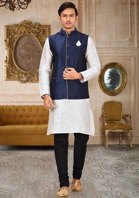 Navy blue dupon art silk kurta, jacket with matching churidar 1