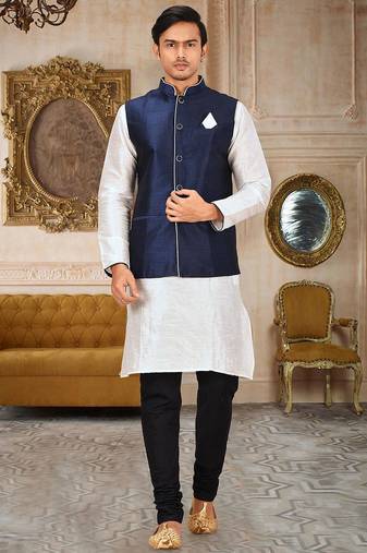 Navy blue dupon art silk kurta, jacket with matching churidar
