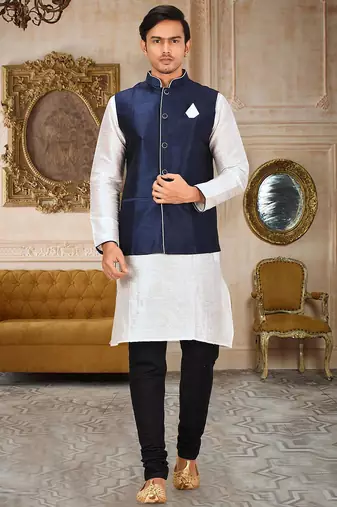 Navy blue dupon art silk kurta, jacket with matching churidar