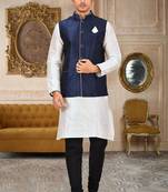 Navy blue dupon art silk kurta, jacket with matching churidar